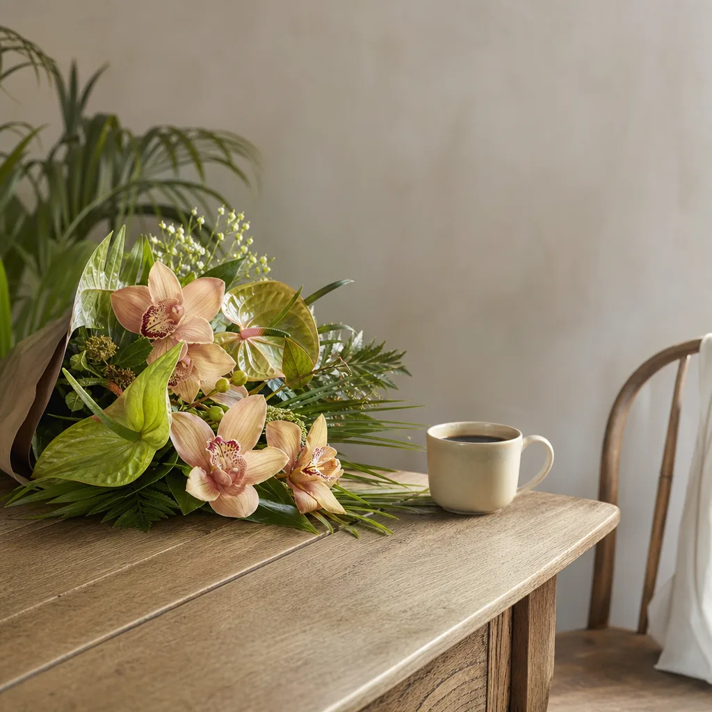 Färsk bukett bunden av en lokal florist, redo att levereras som blombud i Mauritius