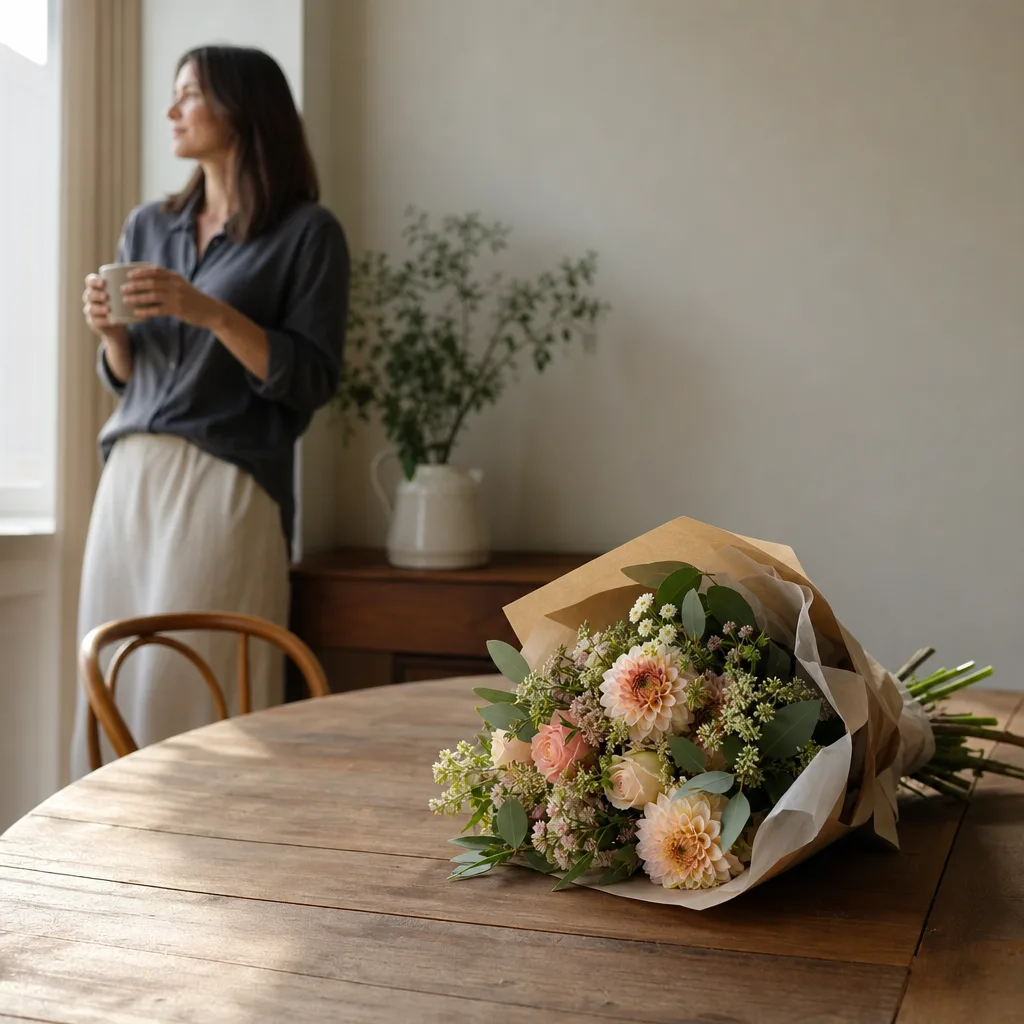 Färsk bukett bunden av en lokal florist, redo att levereras som blombud i Monaco