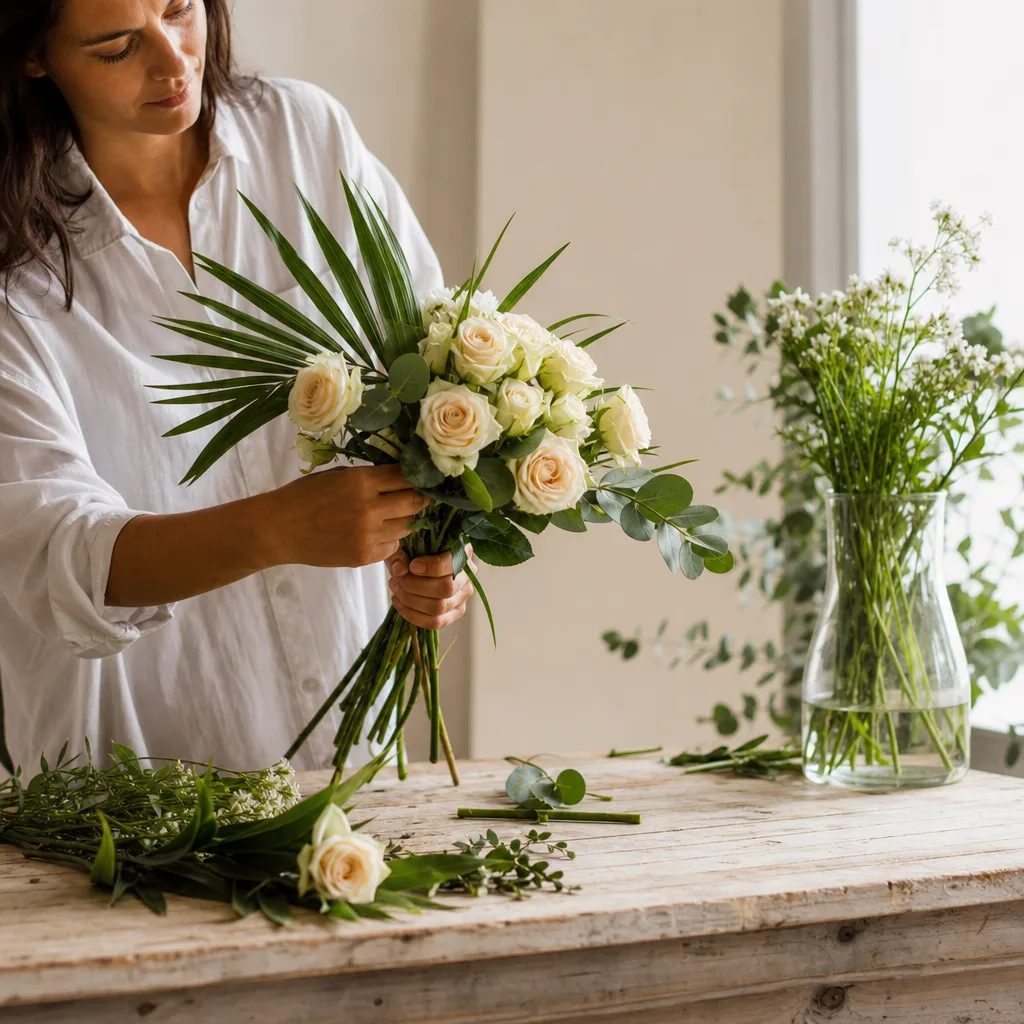 Färsk bukett bunden av en lokal florist, redo att levereras som blombud i Namibia