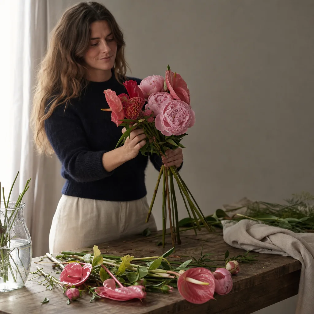 Färsk bukett bunden av en lokal florist, redo att levereras som blombud i Nigeria