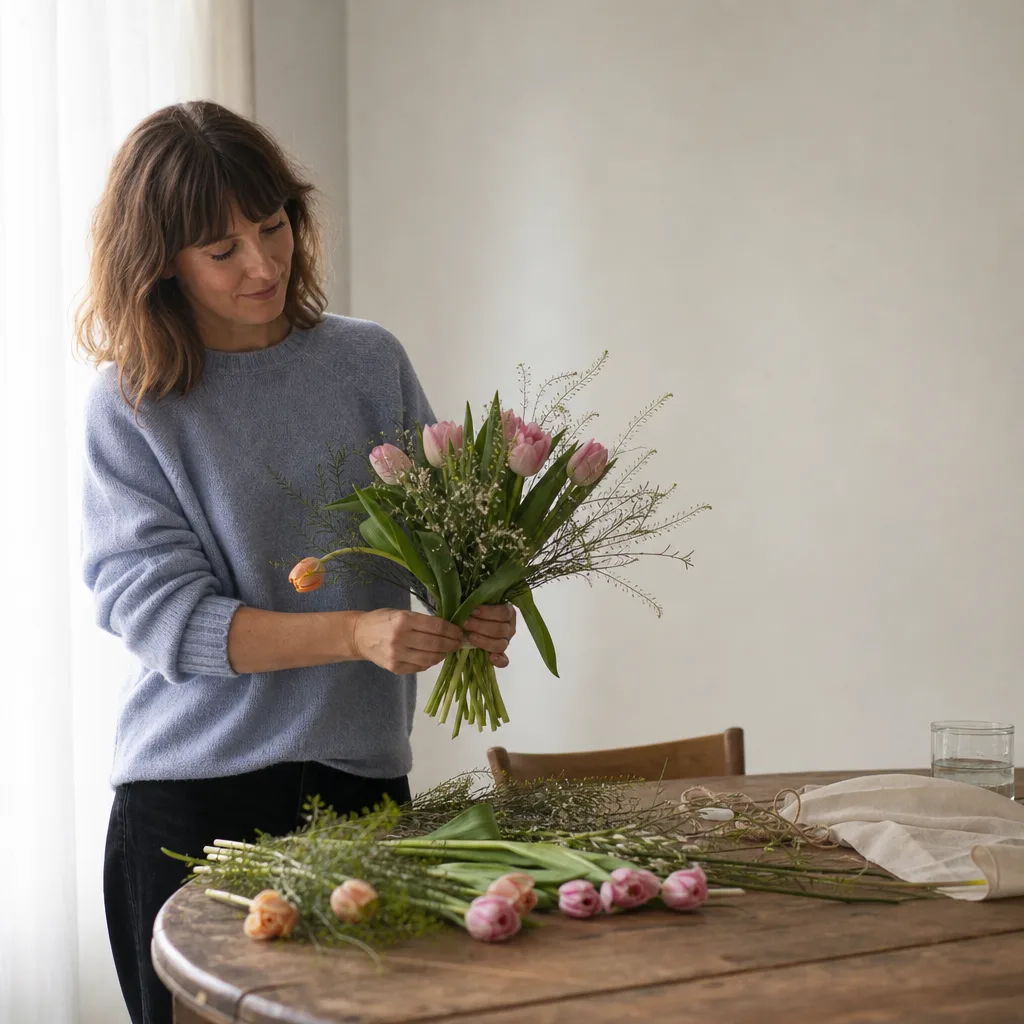 Färsk bukett bunden av en lokal florist, redo att levereras som blombud i Nordmakedonien