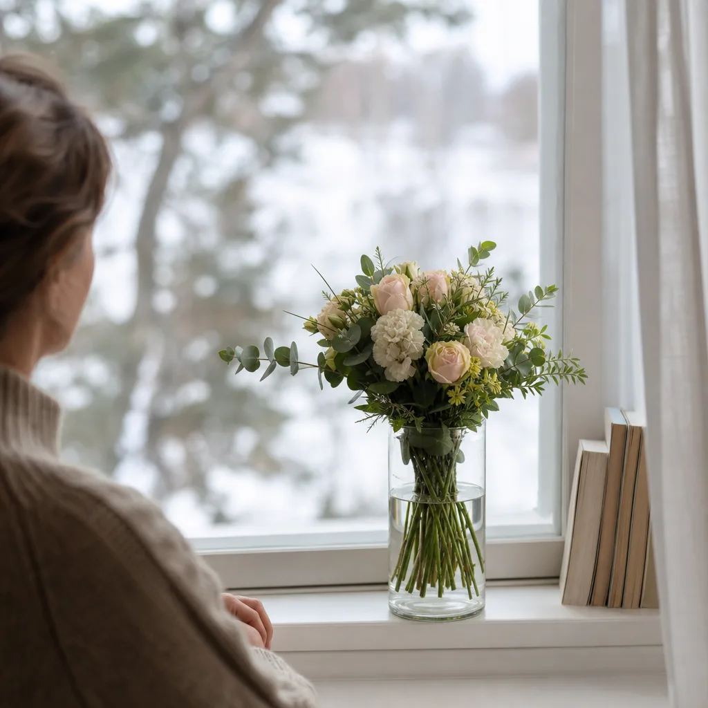 Nybunden bukett redo att skickas som blombud till Norge med leverans av lokal florist