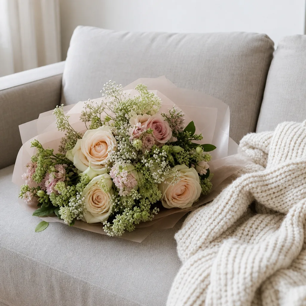 Mjuk bukett i ljusa pastellfärger med vita och ljusrosa rosor, eustoma och grönt, passande för en nyfödd bebis