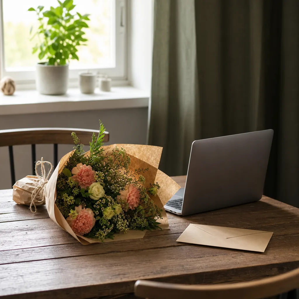 Blombukett bredvid en faktura och mobiltelefon på ett ljust köksbord