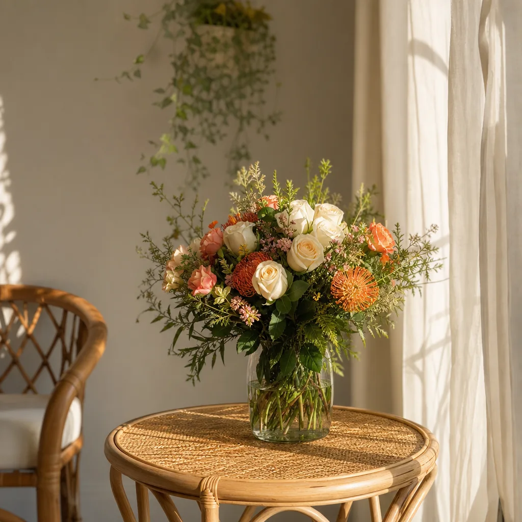 Färsk bukett bunden av en lokal florist, redo att levereras som blombud i Panama