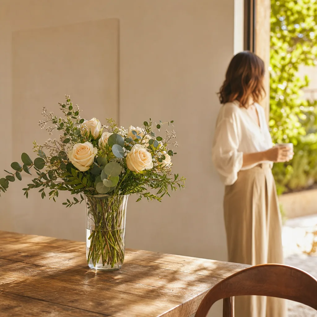 Färsk bukett bunden av en lokal florist, redo att levereras som blombud i Paraguay