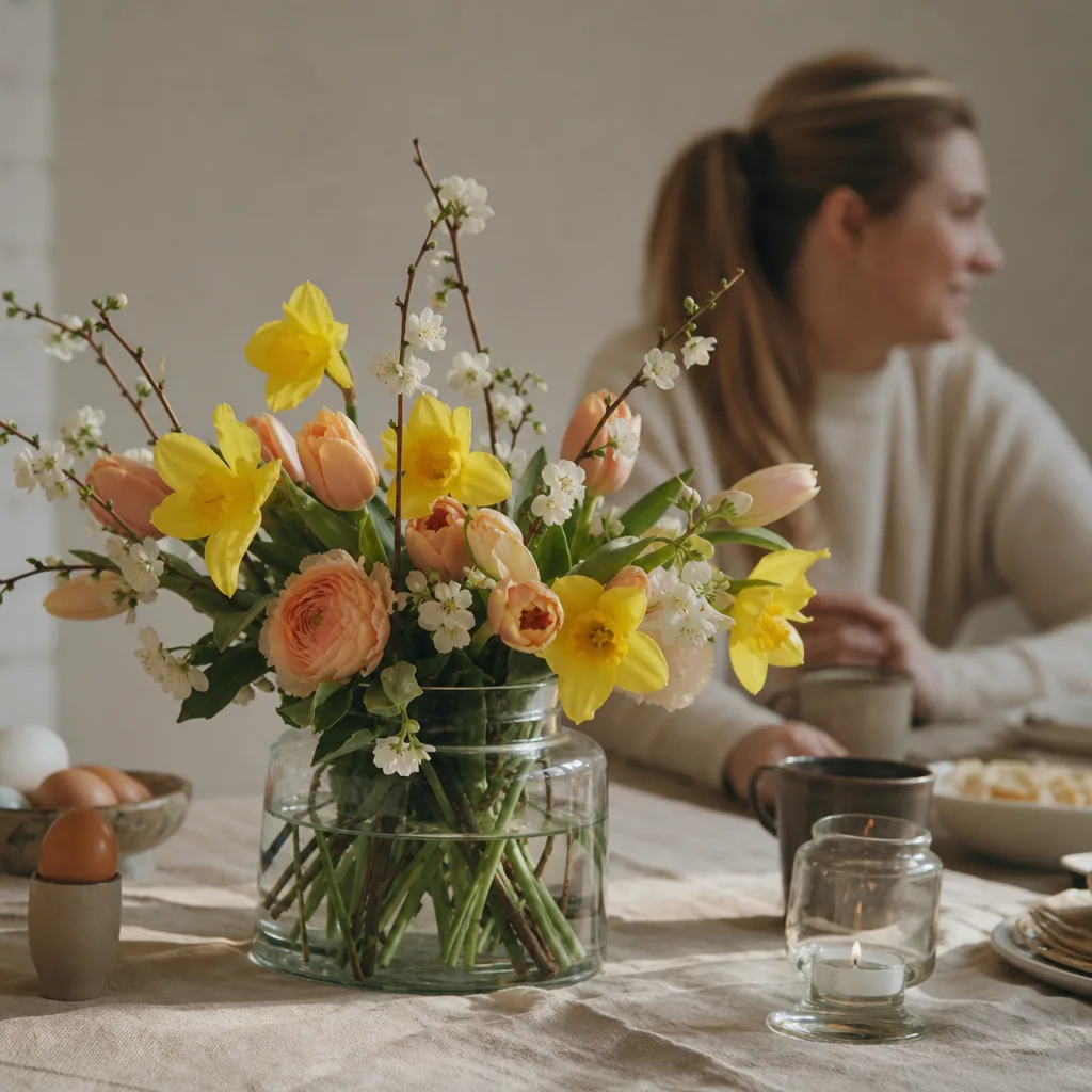 Gul påskbukett med påskliljor och tulpaner packad för leverans med blombud