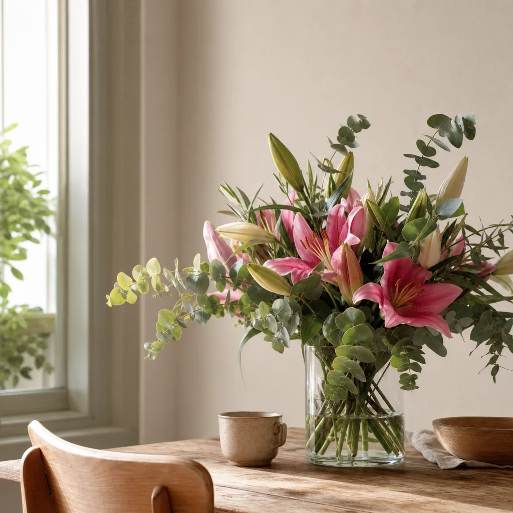 Färsk bukett bunden av en lokal florist, redo att levereras som blombud i Peru
