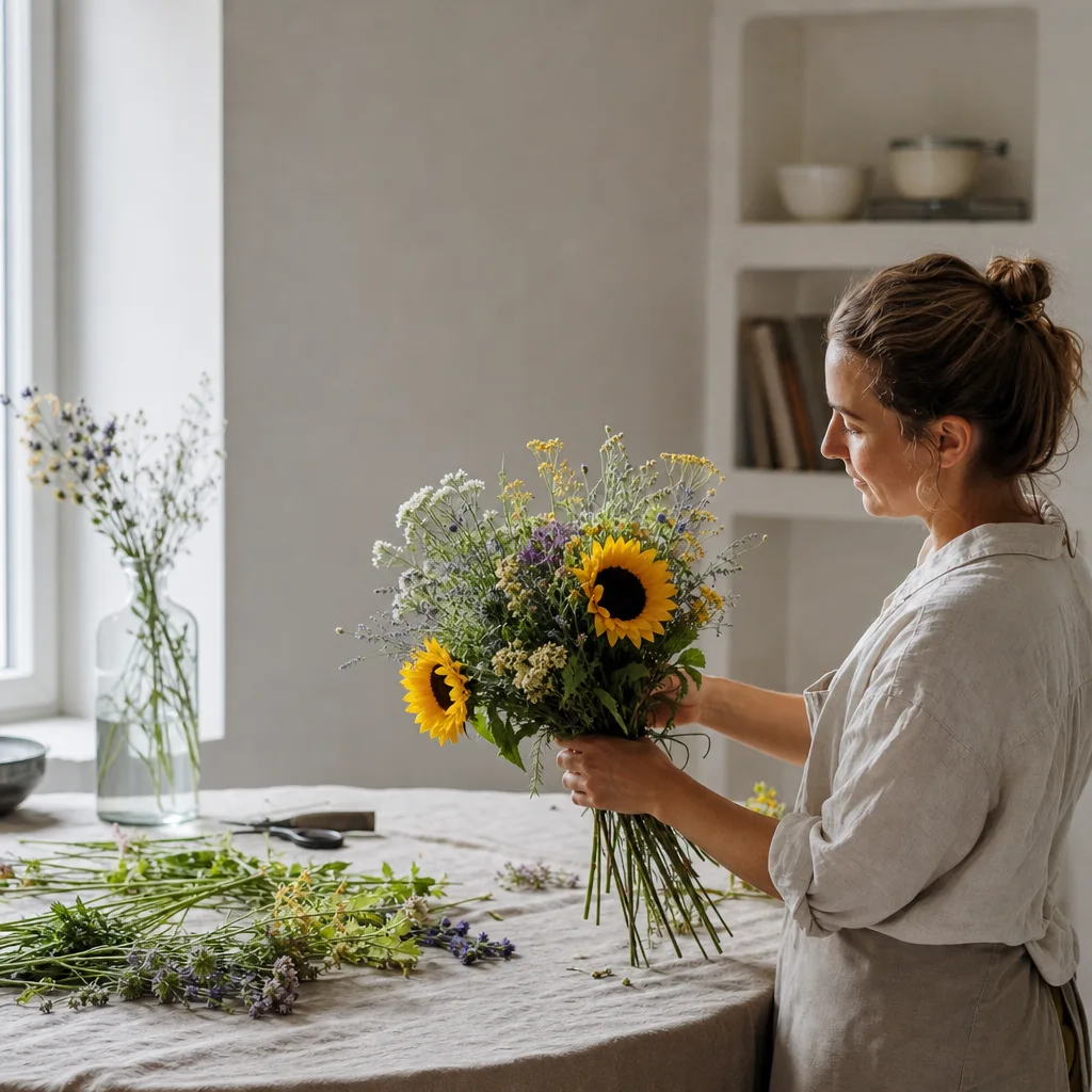 Färsk bukett bunden av en lokal florist, redo att levereras som blombud i Polen