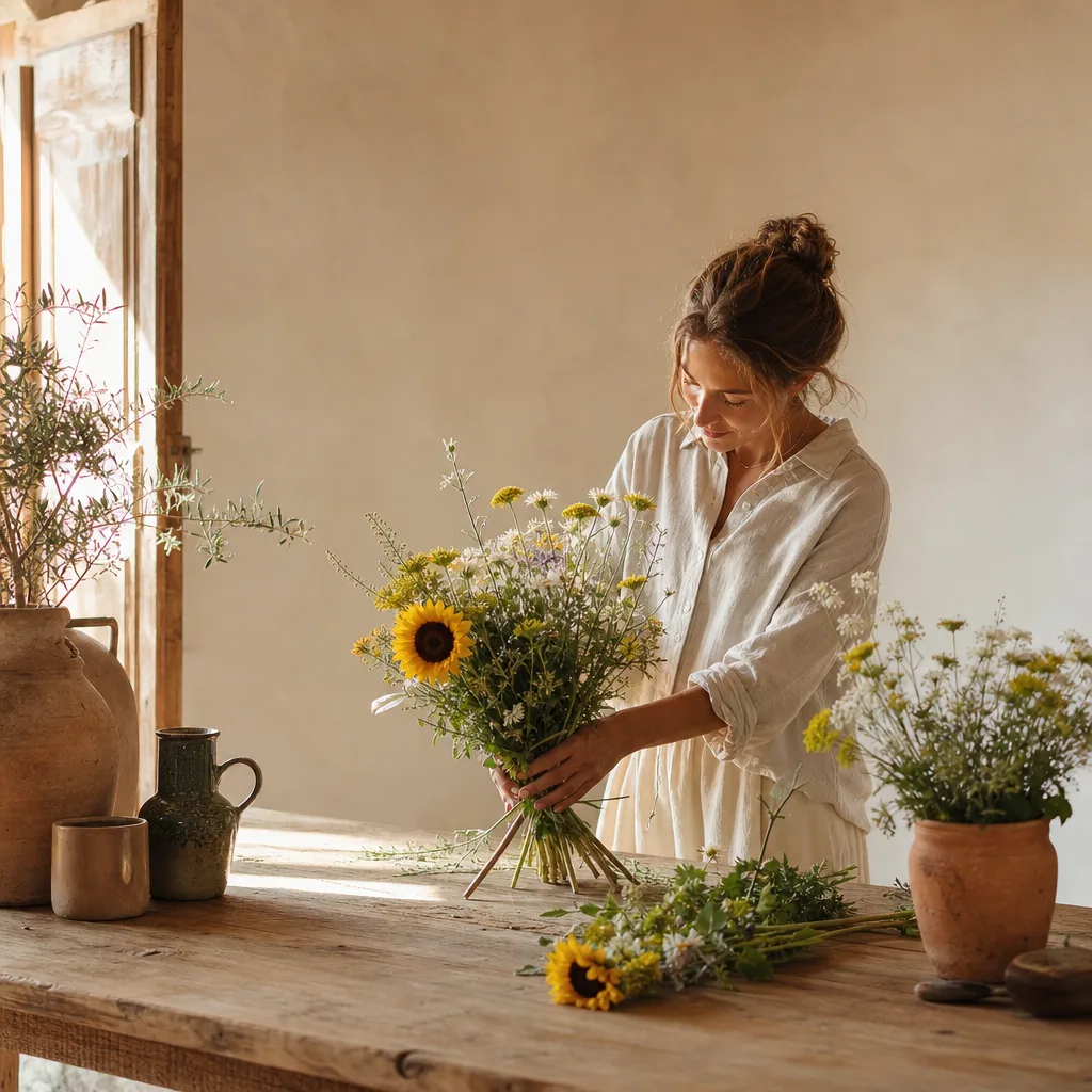 Färsk bukett bunden av en lokal florist, redo att levereras som blombud i Portugal