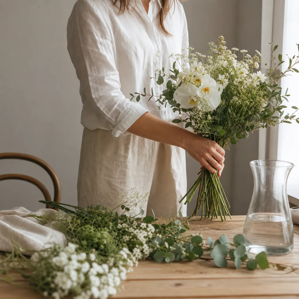 Färsk bukett bunden av en lokal florist, redo att levereras som blombud i Qatar