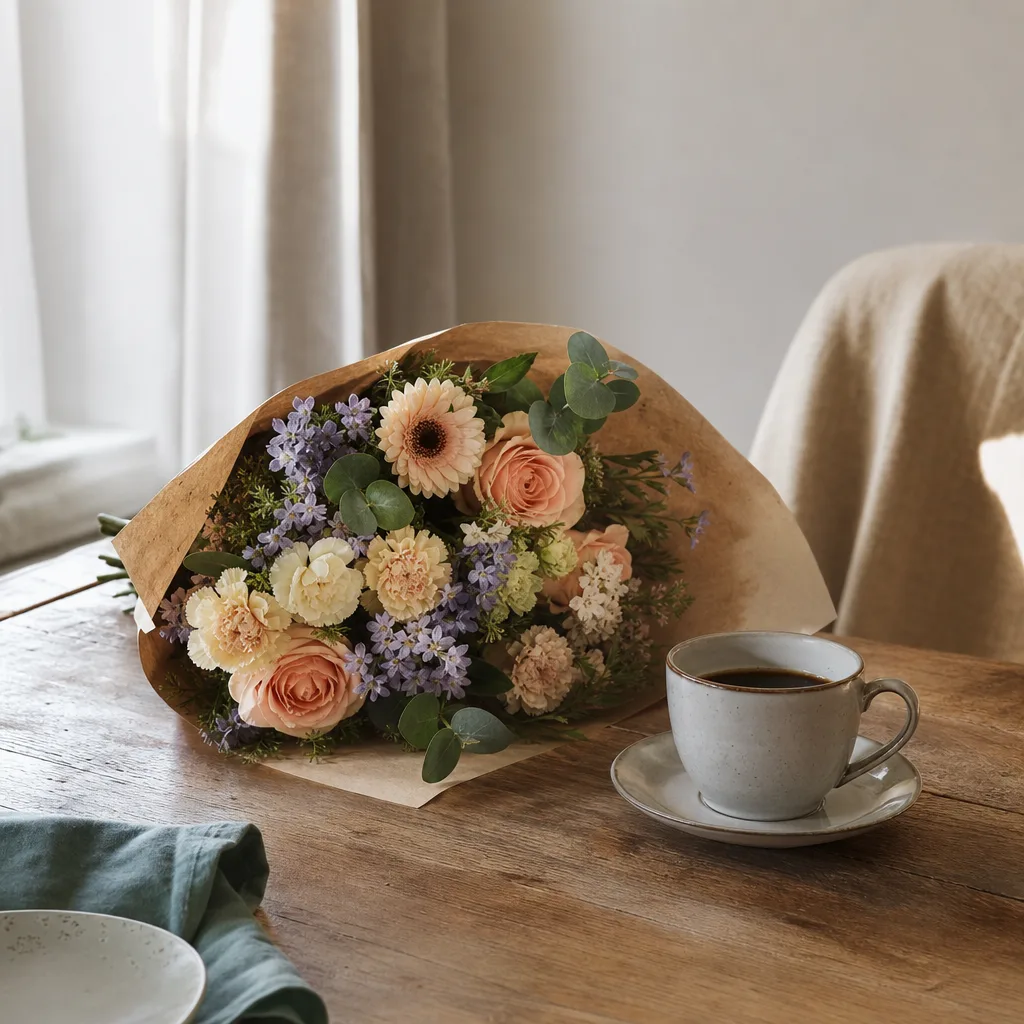 Färsk bukett bunden av en lokal florist, redo att levereras som blombud i Rumänien