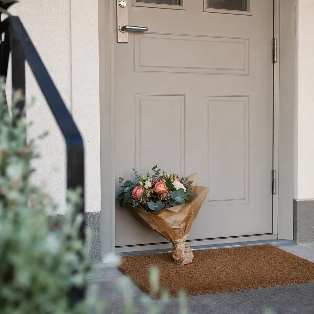 Florist som binder en bukett vid en klocka som visar tidig eftermiddag, känsla av snabb leverans samma dag