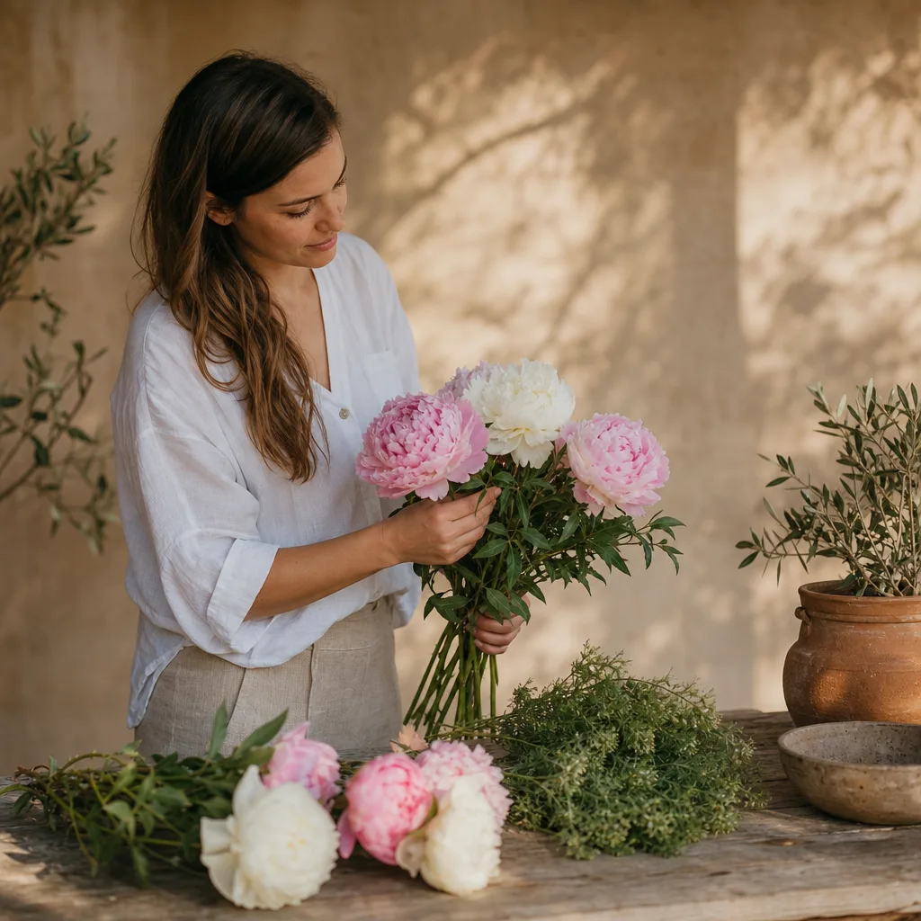 Färsk bukett bunden av en lokal florist, redo att levereras som blombud i San Marino