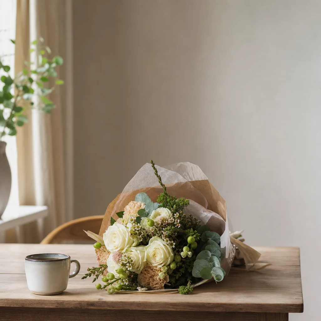 Färsk bukett bunden av en lokal florist, redo att levereras som blombud i Saudiarabien