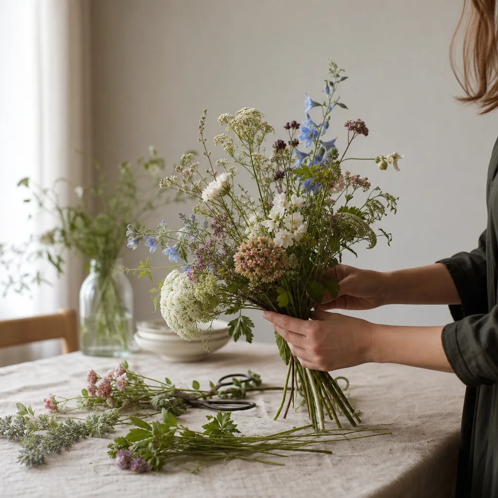 Färsk bukett bunden av en lokal florist, redo att levereras som blombud i Schweiz