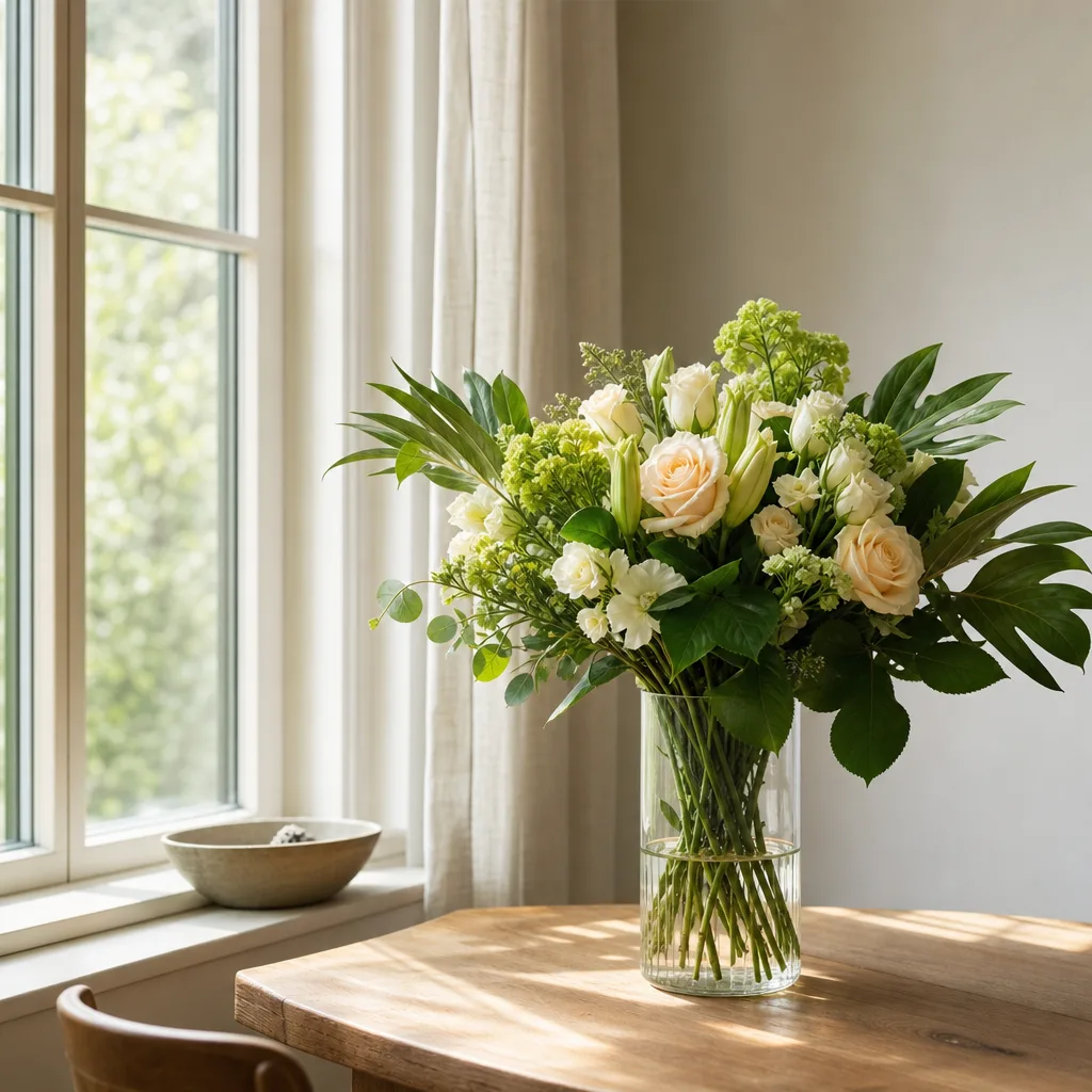 Färsk bukett bunden av en lokal florist, redo att levereras som blombud i Senegal