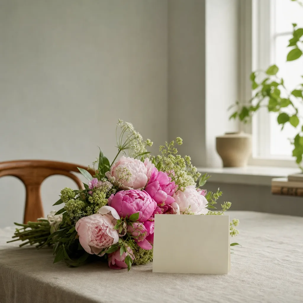 Färsk bukett bunden av en lokal florist, redo att levereras som blombud i Slovakien