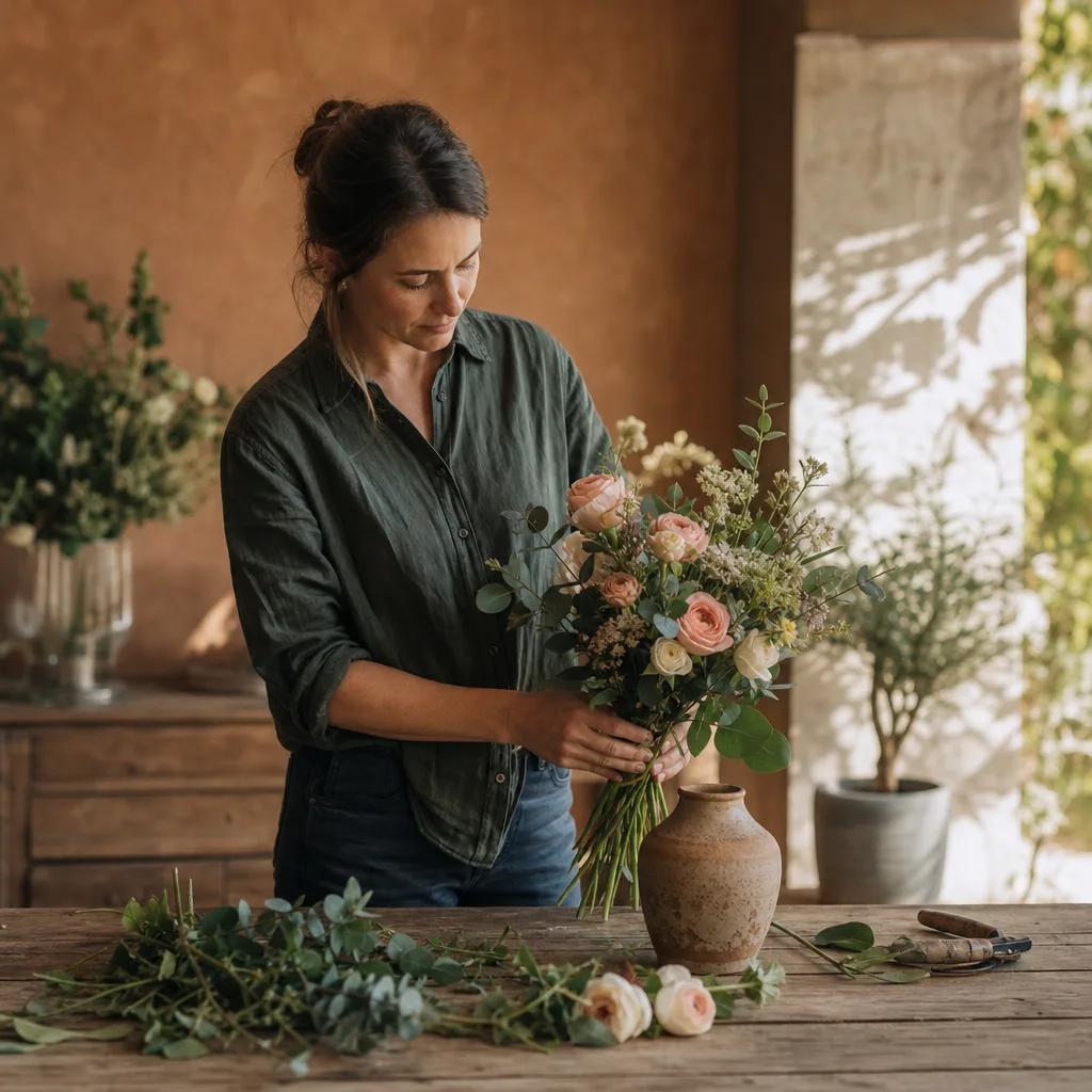 Färsk bukett bunden av en lokal florist, redo att levereras som blombud i Spanien