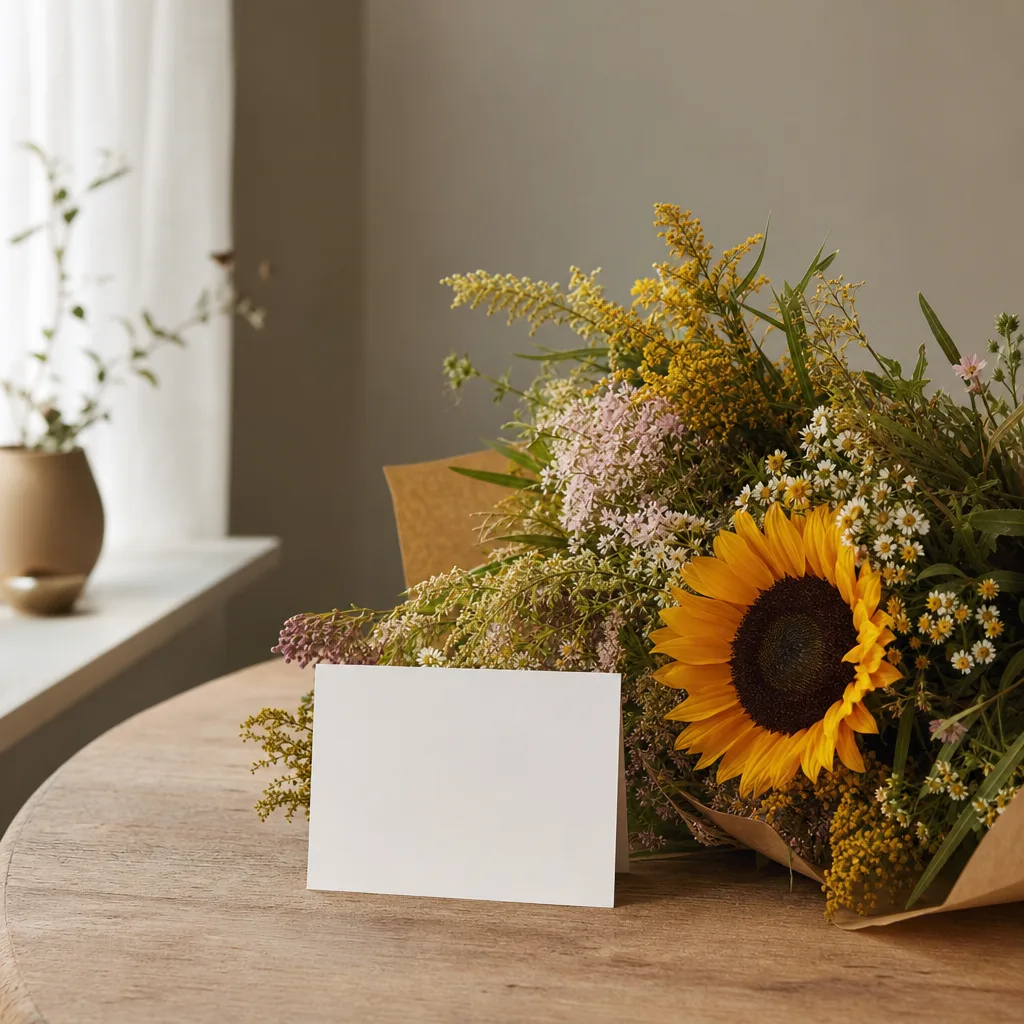 Färsk bukett bunden av en lokal florist, redo att levereras som blombud i Sri Lanka