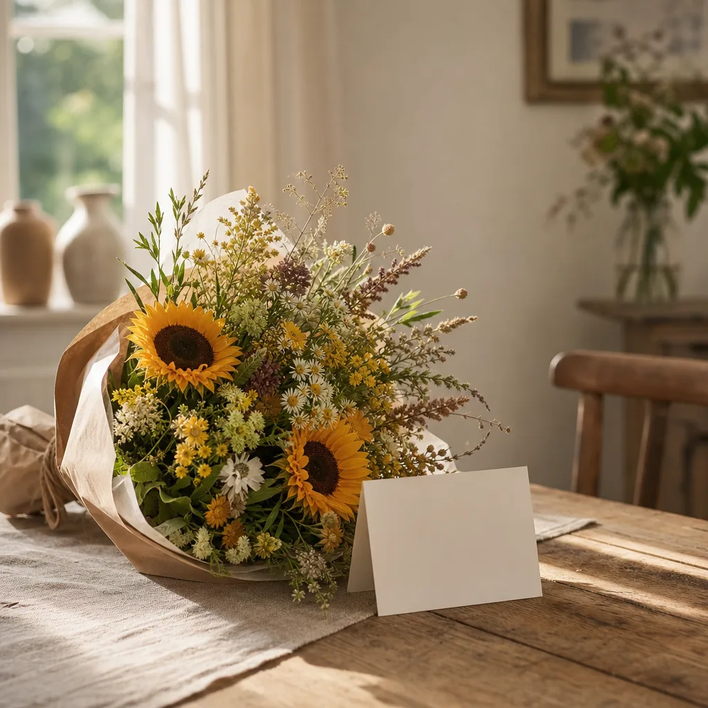Färsk bukett bunden av en lokal florist, redo att levereras som blombud i Storbritannien