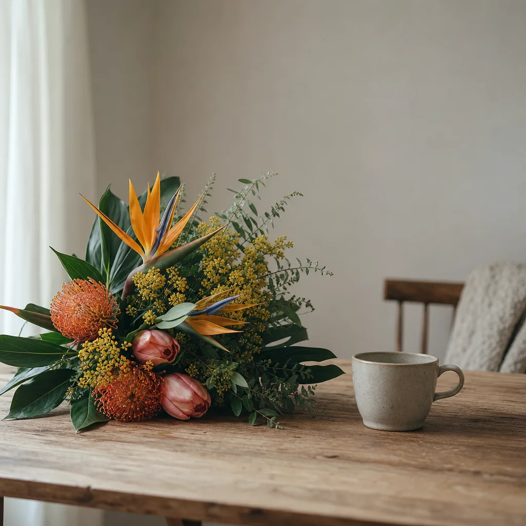 Färsk bukett bunden av en lokal florist, redo att levereras som blombud i Sydafrika