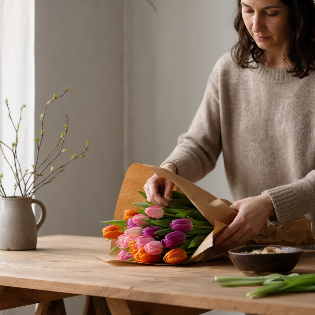 Färsk bukett bunden av en lokal florist, redo att levereras som blombud i Tanzania
