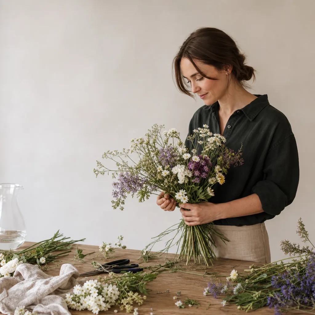 Färsk bukett bunden av en lokal florist, redo att levereras som blombud i Thailand