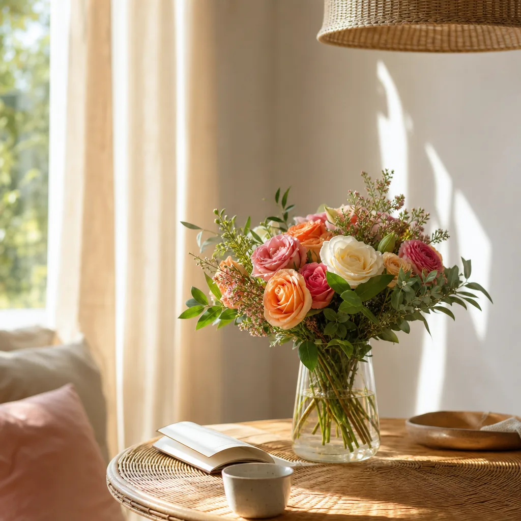 Färsk bukett bunden av en lokal florist, redo att levereras som blombud i Trinidad och Tobago
