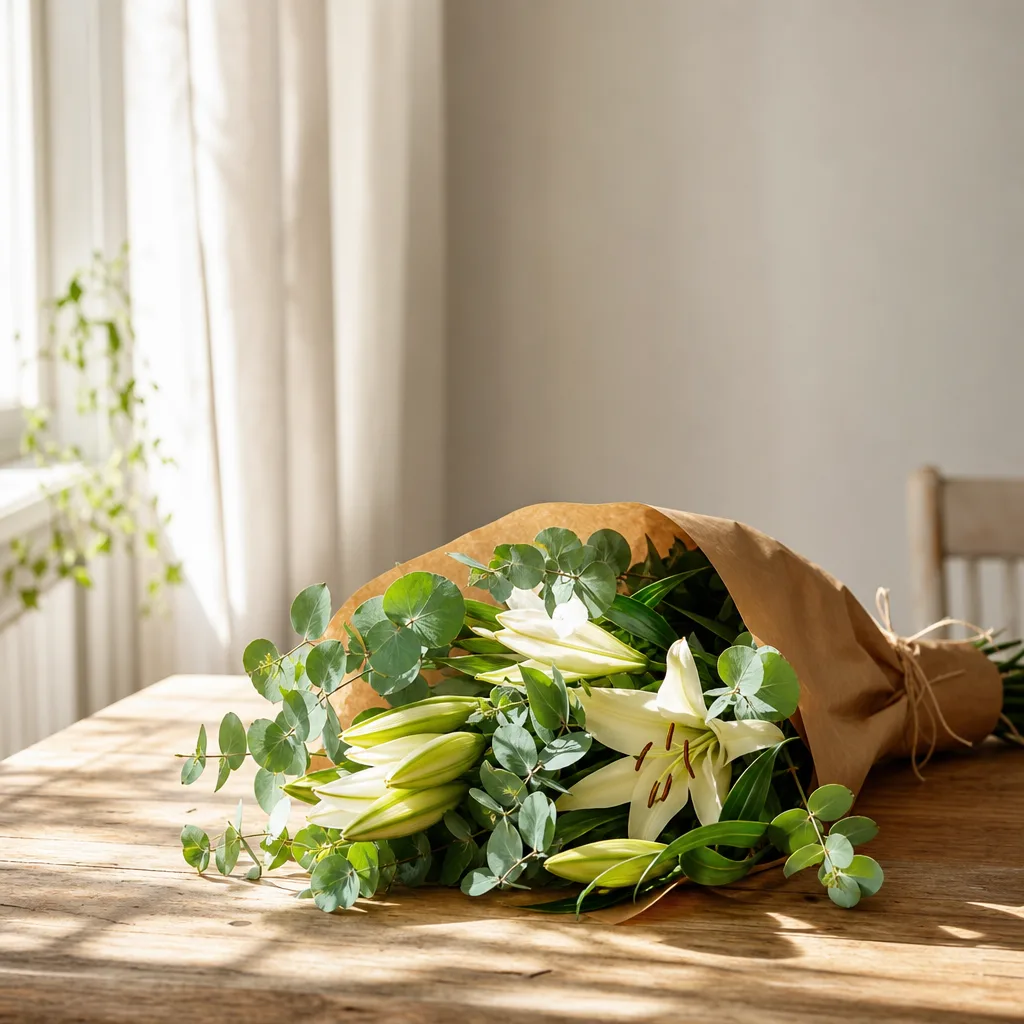 Färsk bukett bunden av en lokal florist, redo att levereras som blombud i Tunisien