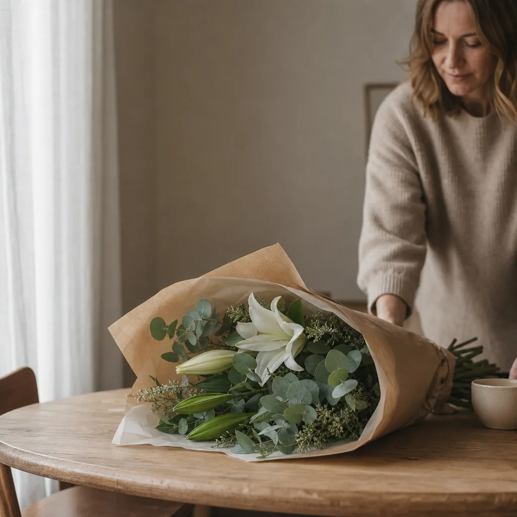 Färsk bukett bunden av en lokal florist, redo att levereras som blombud i Turkiet