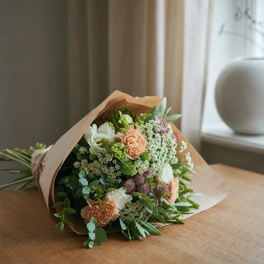 Nybunden bukett redo att skicka blommor till Tyskland, bunden av en lokal tysk florist