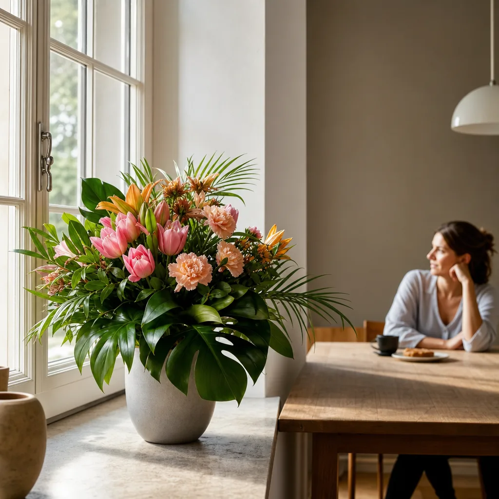 Färsk bukett bunden av en lokal florist, redo att levereras som blombud i Uganda