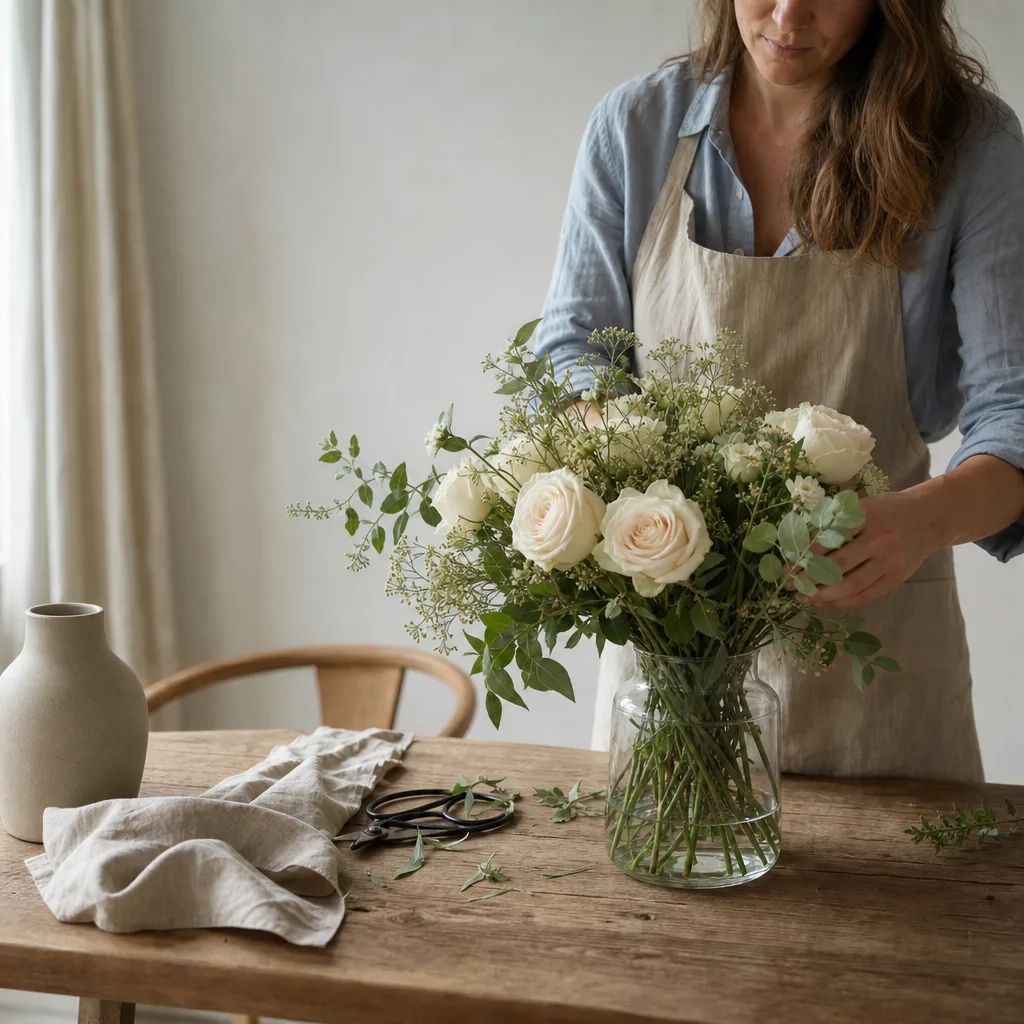 Färsk bukett bunden av en lokal florist, redo att levereras som blombud i Ukraina