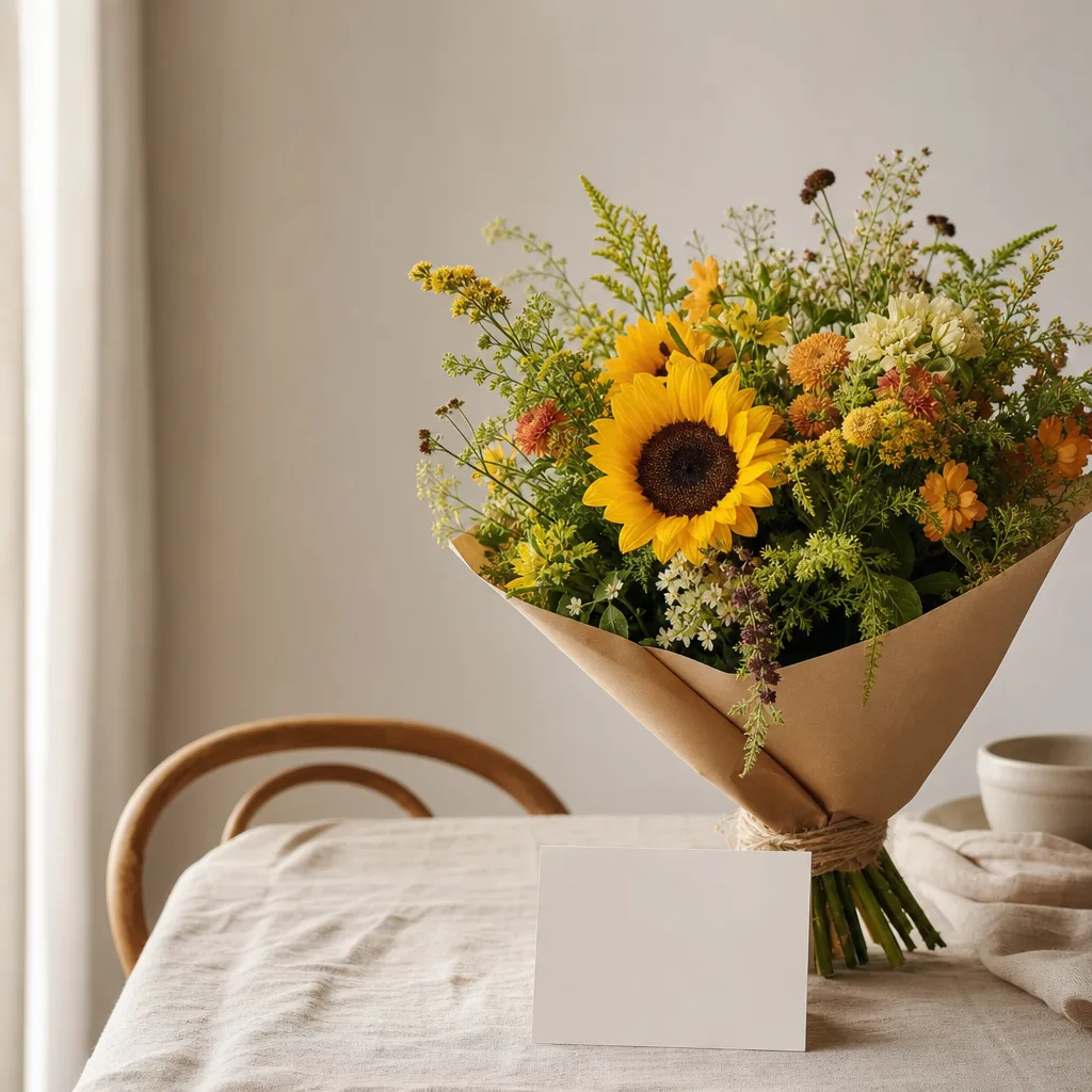 Färsk bukett bunden av en lokal florist, redo att levereras som blombud i Ungern
