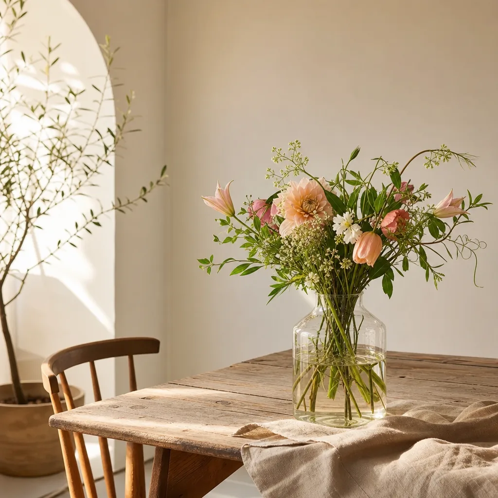 Färsk bukett bunden av en lokal florist, redo att levereras som blombud i Uruguay