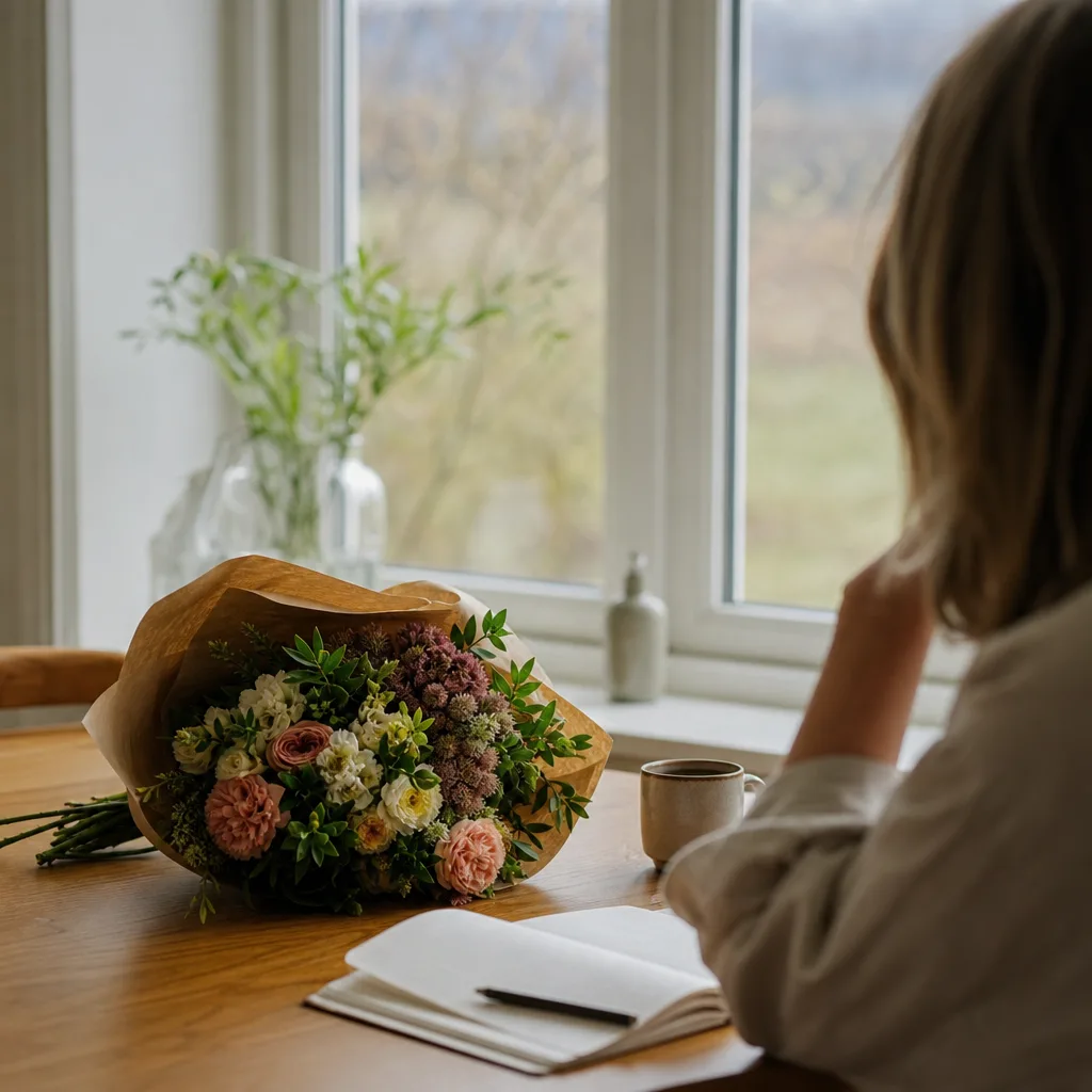 Nybunden bukett på ett bord framför ett fönster med en uppslagen anteckningsbok, symbol för att skicka blommor långt bort