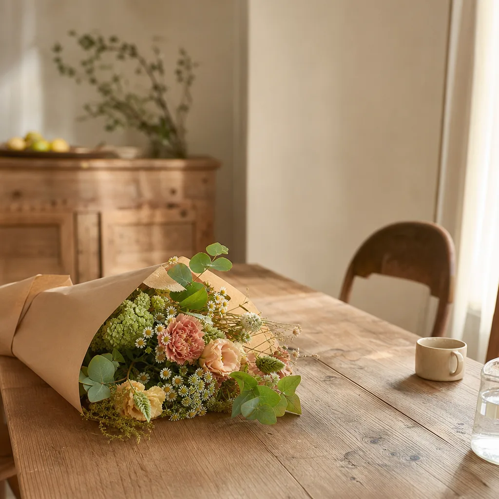Färsk bukett bunden av en lokal florist, redo att levereras som blombud i Venezuela
