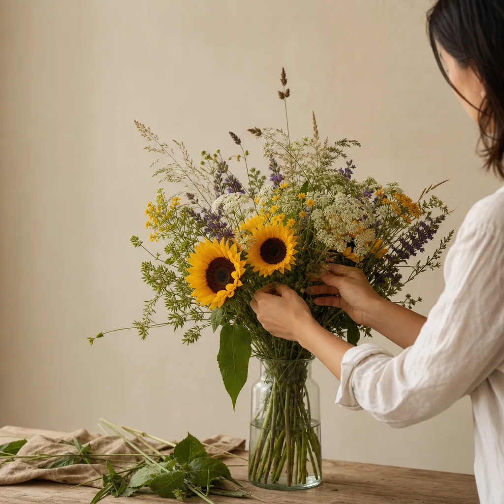 Färsk bukett bunden av en lokal florist, redo att levereras som blombud i Vietnam