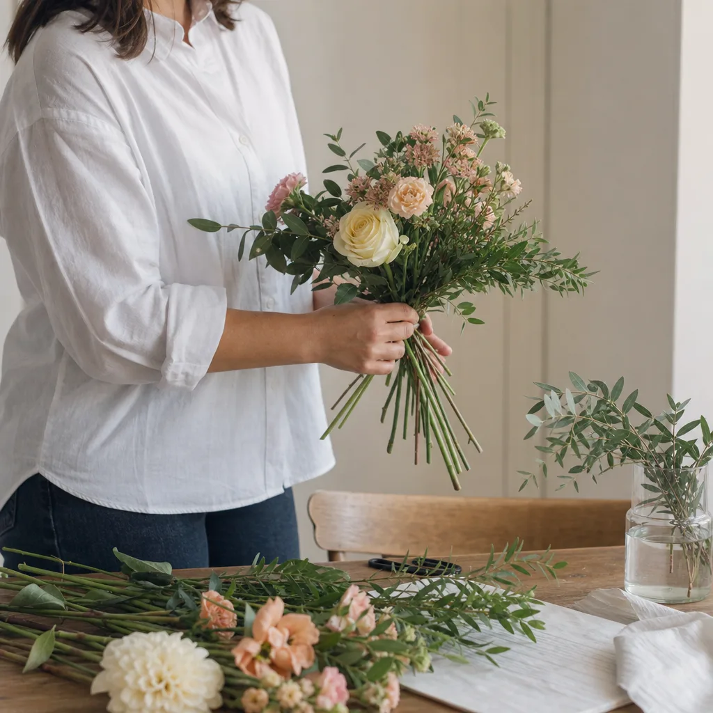 Färsk bukett bunden av en lokal florist, redo att levereras som blombud i Vitryssland