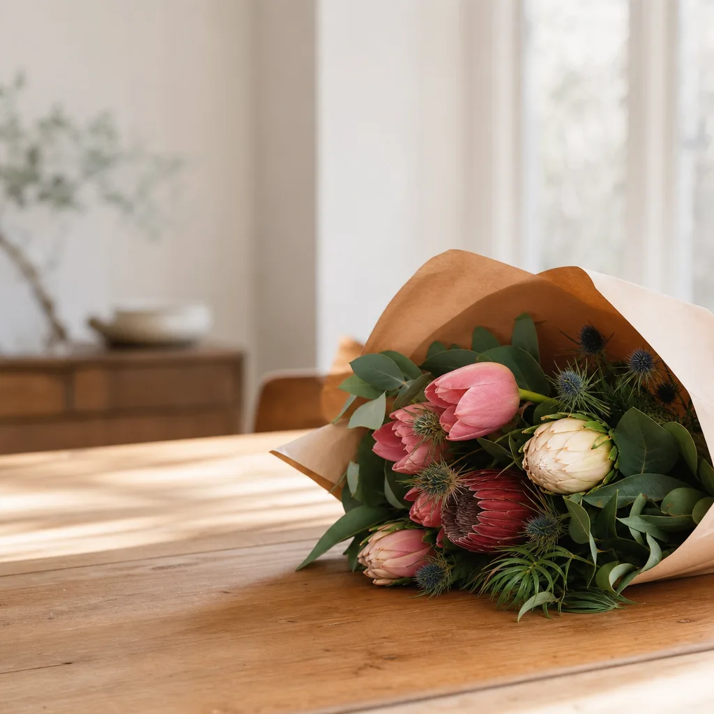 Färsk bukett bunden av en lokal florist, redo att levereras som blombud i Zambia
