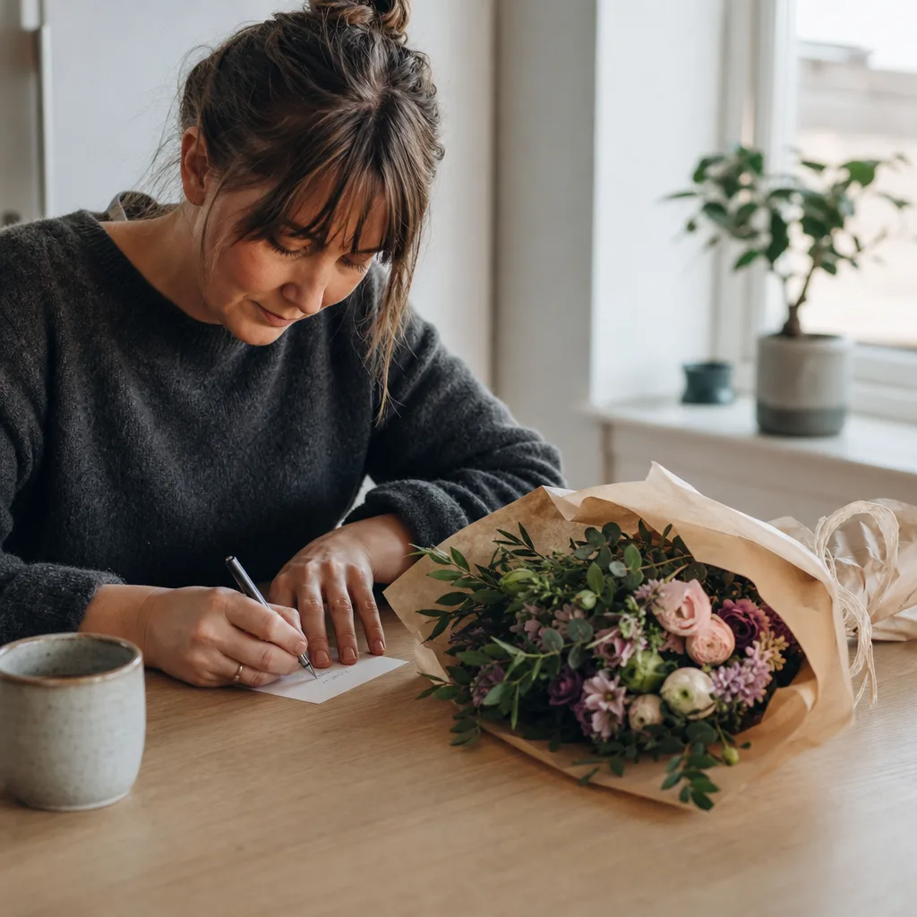 Handbunden blombukett packad för leverans med blombud