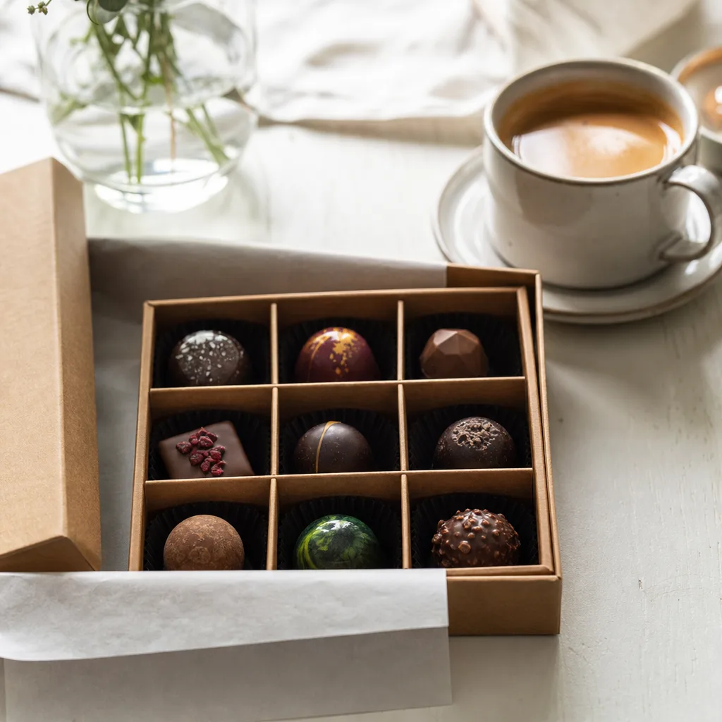 Elegant chokladask med praliner och ett handskrivet hälsningskort, inslagen som present