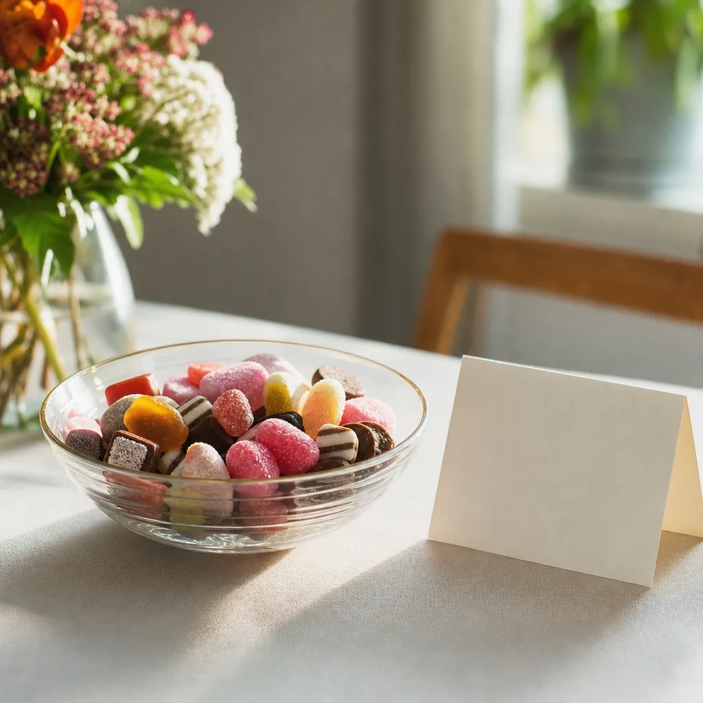 Godisbox fylld med blandat godis, choklad och lakrits, packad för att skickas hem i brevlådan som present