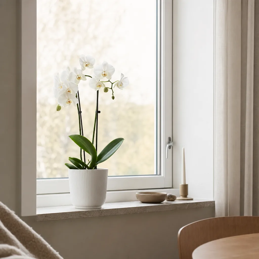 Rosa brudorkidé i vit kruka på ett ljust bord