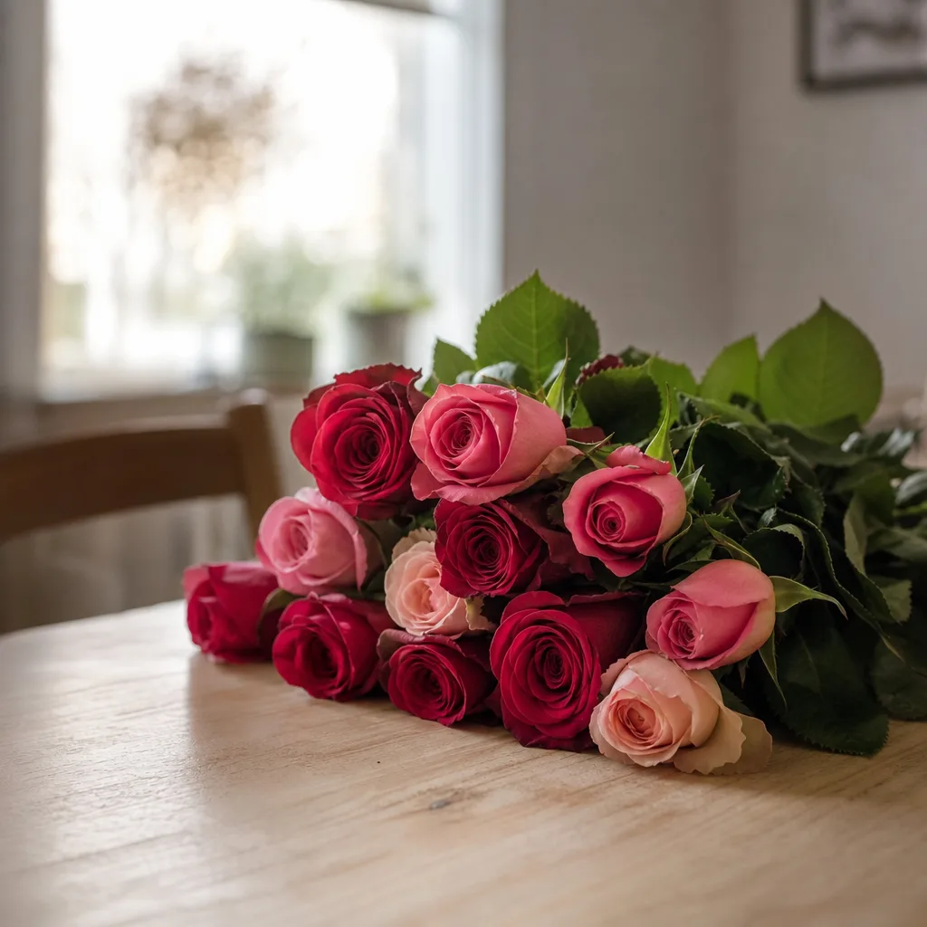 Bukett med röda och rosa rosor i en glasvas på ett ljust bord
