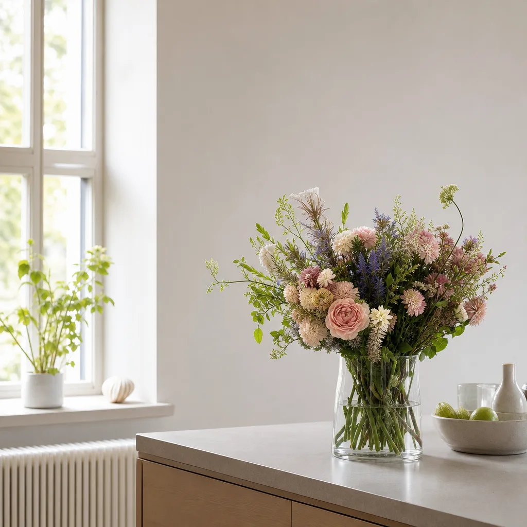 Färsk handbunden blombukett i ljus skandinavisk hemmiljö, redo att skickas