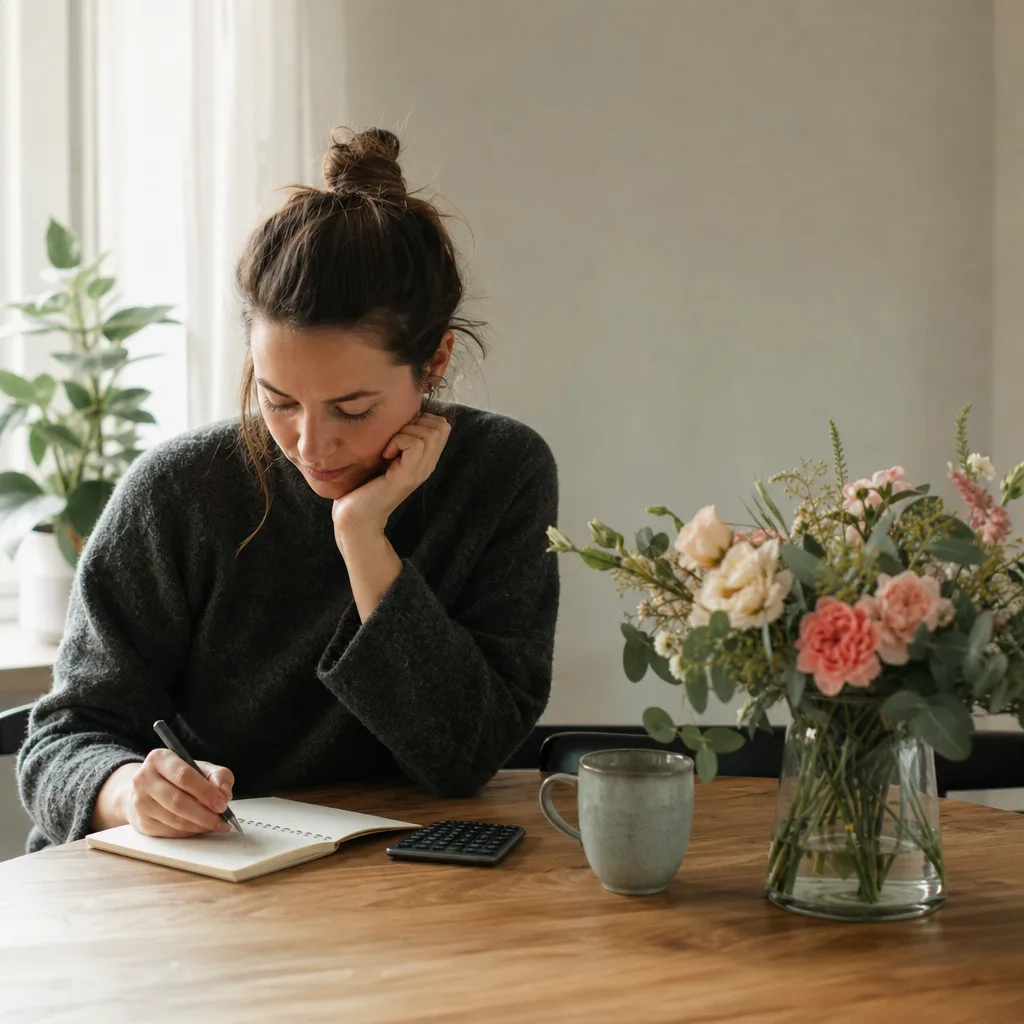 Blombukett bredvid anteckningsbok och penna på ett träbord, planerande budgetkänsla